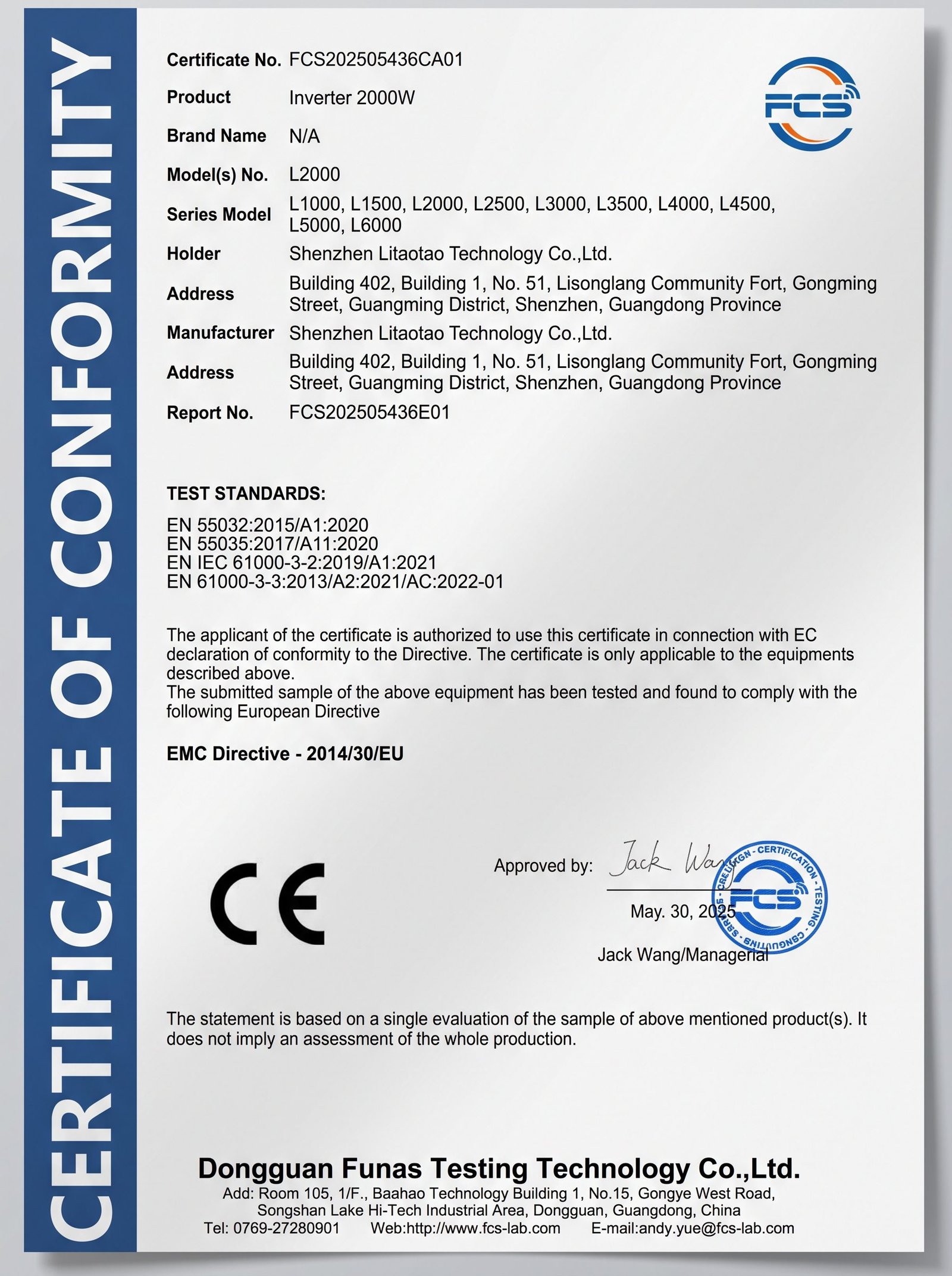 CE-EMC Conformity Certificate (L-Series) - document preview