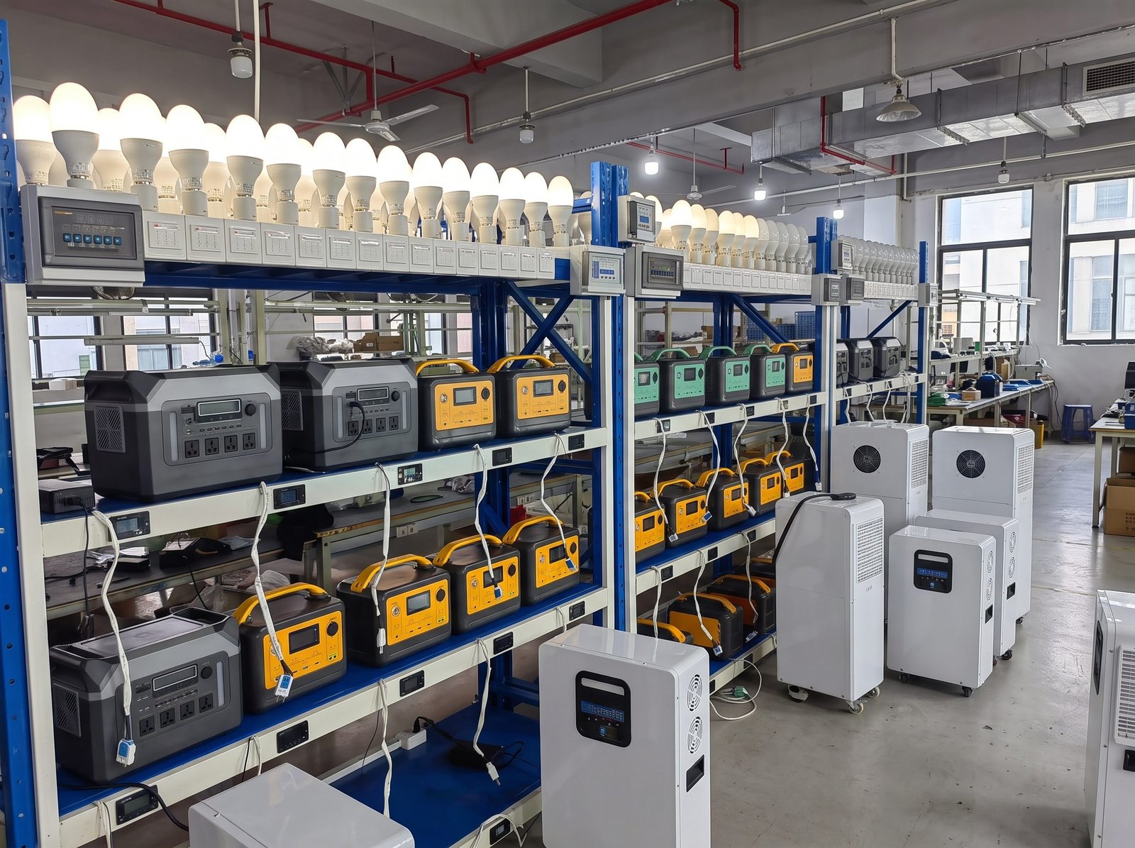 Fortune Vast 100% full-load aging test rack with resistive bulb load bank testing MK series LiFePO4 portable power stations