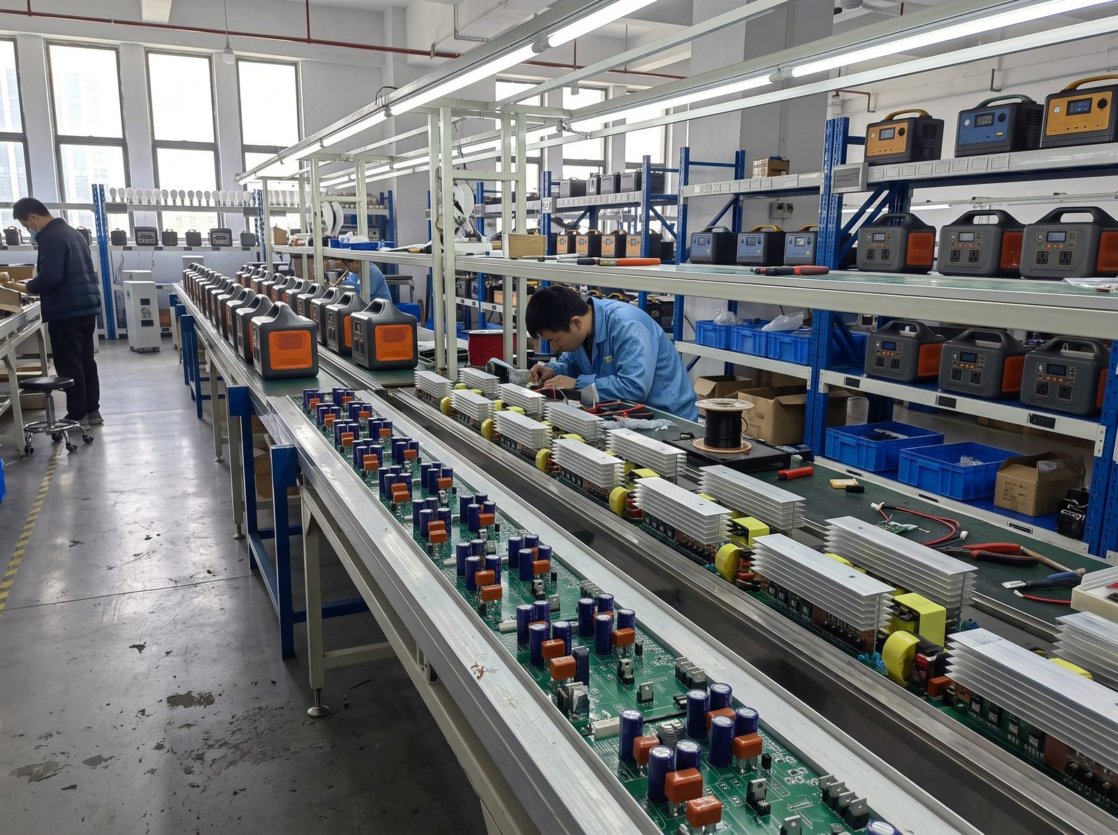 Fortune Vast power inverter PCB conveyor line featuring heavy-duty aluminum heatsinks, high-frequency transformers, and MK portable power stations