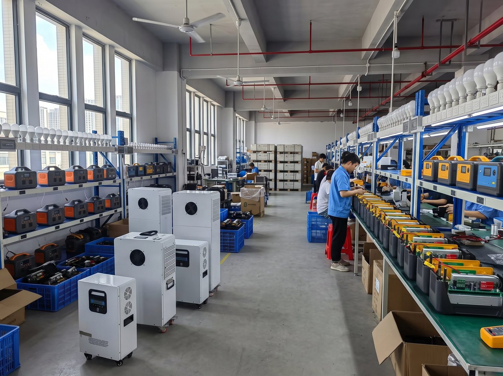 Fortune Vast 100% full-load aging test rack with resistive bulb load bank testing MK series LiFePO4 portable power stations