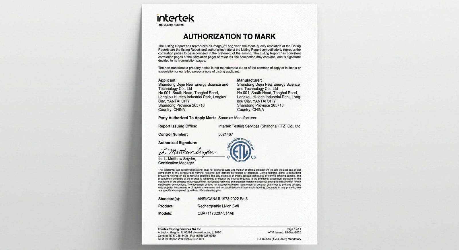UL Safety Certification (Intertek Authorization to Mark) - document preview