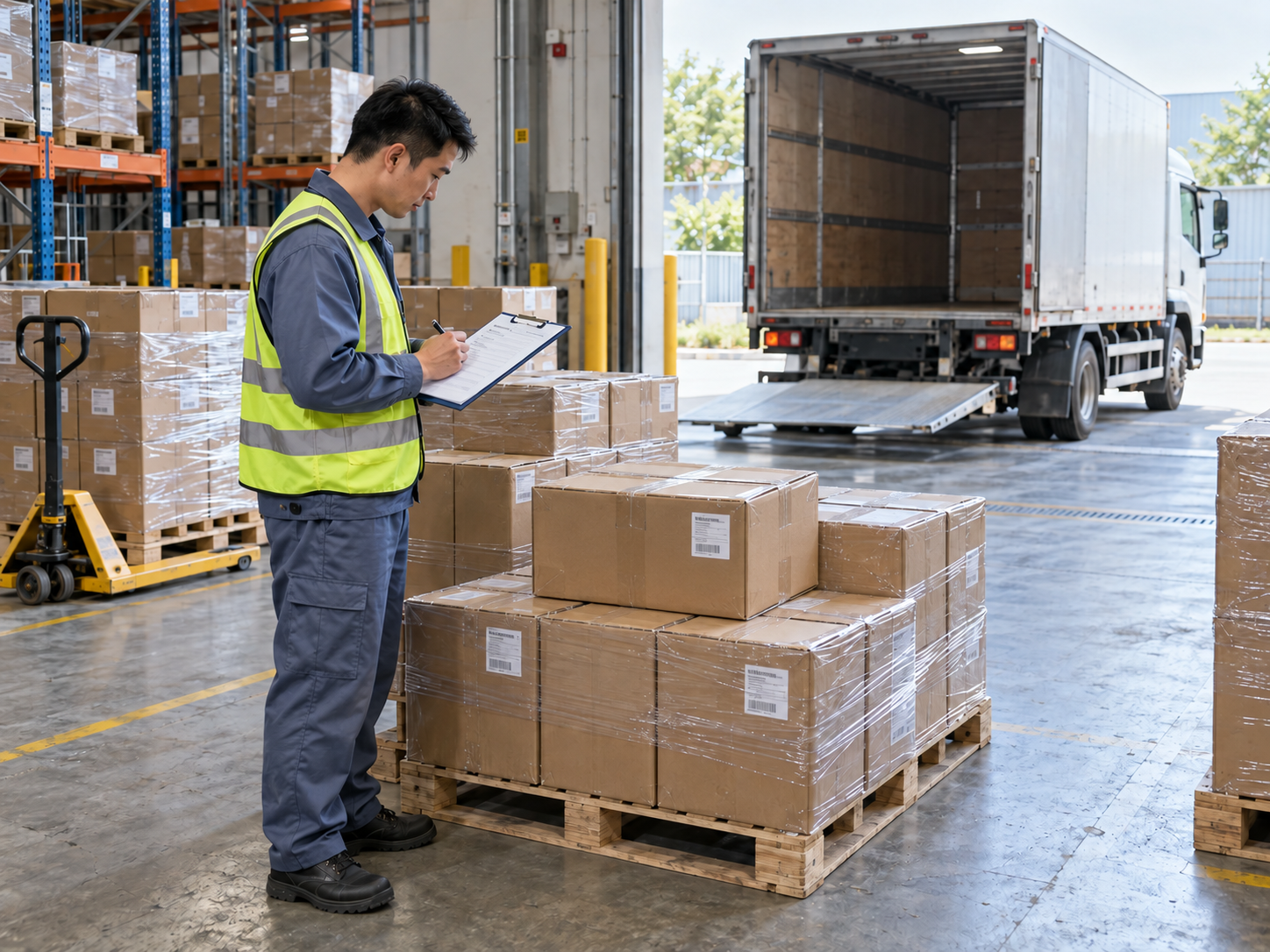 AI-generated illustration of a warehouse worker checking packaged goods before dispatch